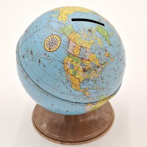 VTG Ohio Art Tin Metal Litho Earth Globe World Coin Piggy Savings Bank W/Stopper